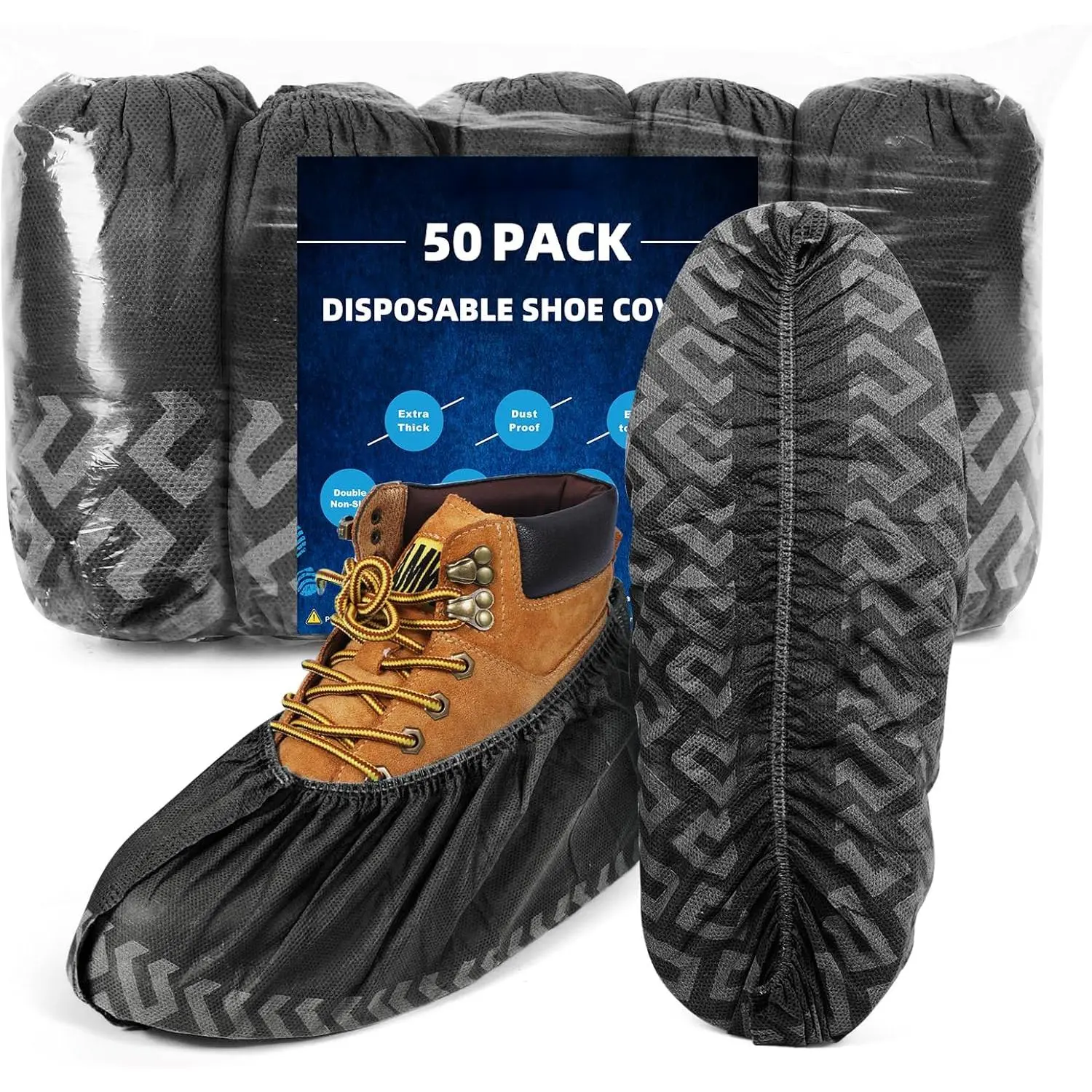 squish Boot Covers Disposable Non Slip, Black Durable Shoe Covers Disposable for Indoors, 50 Pack Anti-Slip Shoe Booties Breathable Thick Non-Woven Fabric Protector Covers Fits Up to 13 Size