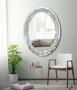 DMDFIRST Crystal Crushed Diamond Oval Shaped Silver Mirror Glam Bling for Wall Decoration 24x32x0.9inch Frameless Wall Hang Sparkly Glass Mirror Stunning Stylish Fashion Home Decor Decorative Mirror