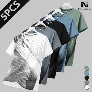 Men's 5-Pack Abstract Line Print Short-Sleeve T-Shirt Set, Classic Menswear Round Neck Stylish Crew Neck Casual Tees, Summer Streetwear Tops for Daily Wear, Gym Workout