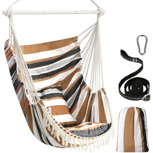 Hammock Chair Hanging Swing Max 500 Lbs 2 Cushions Included Steel Spreader Bar with Anti-Slip Grooves Portable Hanging Chair Side Pocket Large Macrame Bohemian Chair Indoor Outdoor hammock outdoor hammock outdoor swing non-woven material egg chair cushion