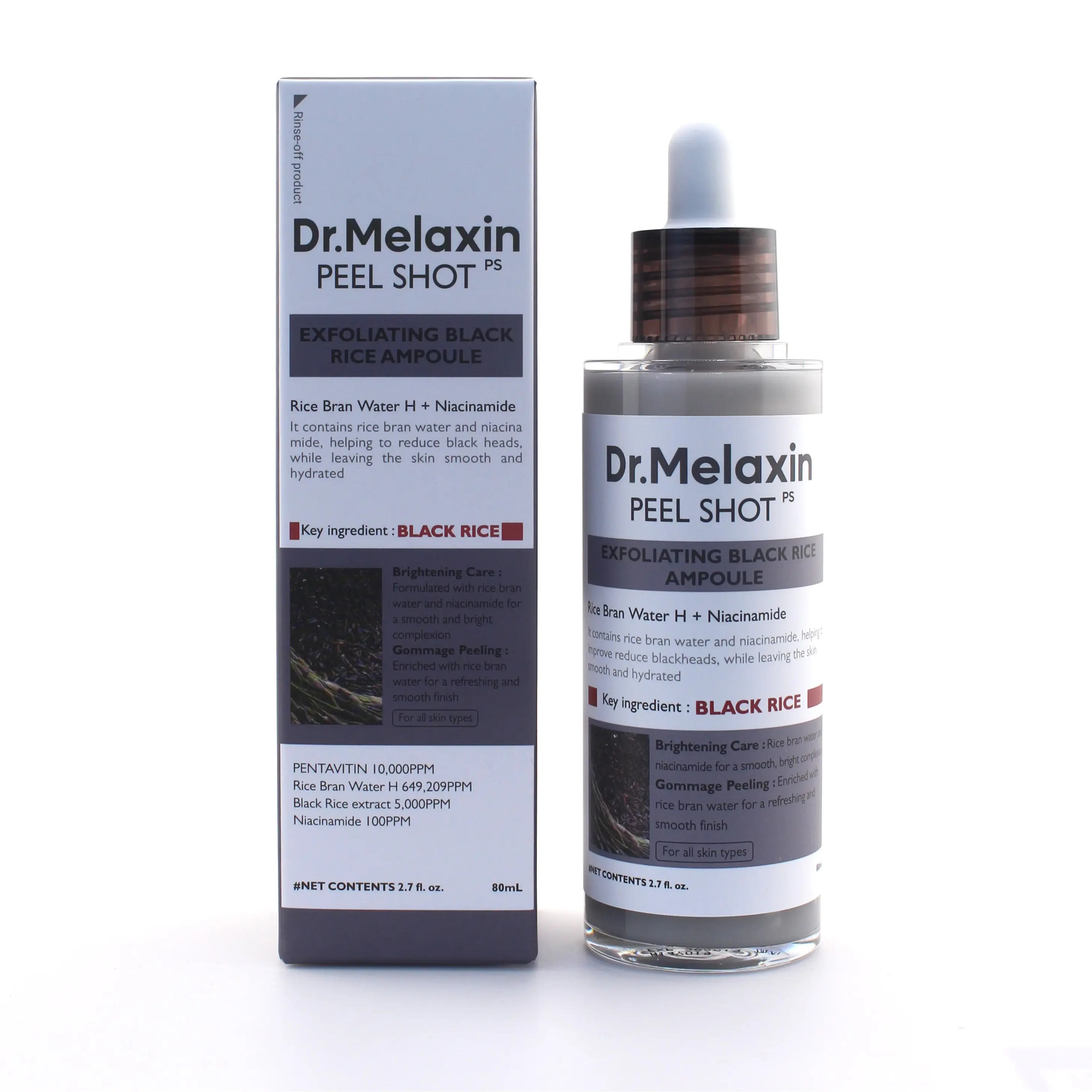 Dr. Melaxin Peel Shot Exfoliating Black Rice Ampoule (80ml) - Gentle, Rejuvenating Hyaluronic Skincare with Radiant Glow and Moisture Boost