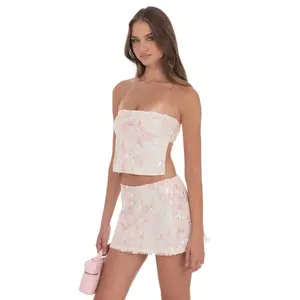 Floral Sequin Strapless Top in Cream