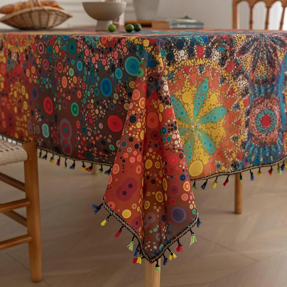 Erbnaryx Boho Farmhouse Tablecloth - Fringed Geometric Pattern, Colorful Dot Design for Square & Rectangular Tables, Decorative Cover for Kitchen Dining Room, Farmhouse Rectangular Table