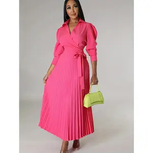 Solid Pleated Dress, Elegant Knotted V Neck 3/4 Sleeve Dress, Women's Clothing