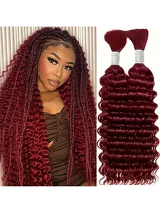 99j Wine Deep Wave Human Hair Bundles, Peru Remy Hair, Medium Length, No Bangs, Holiday Style, Two Bundles Per Pack, No Weft