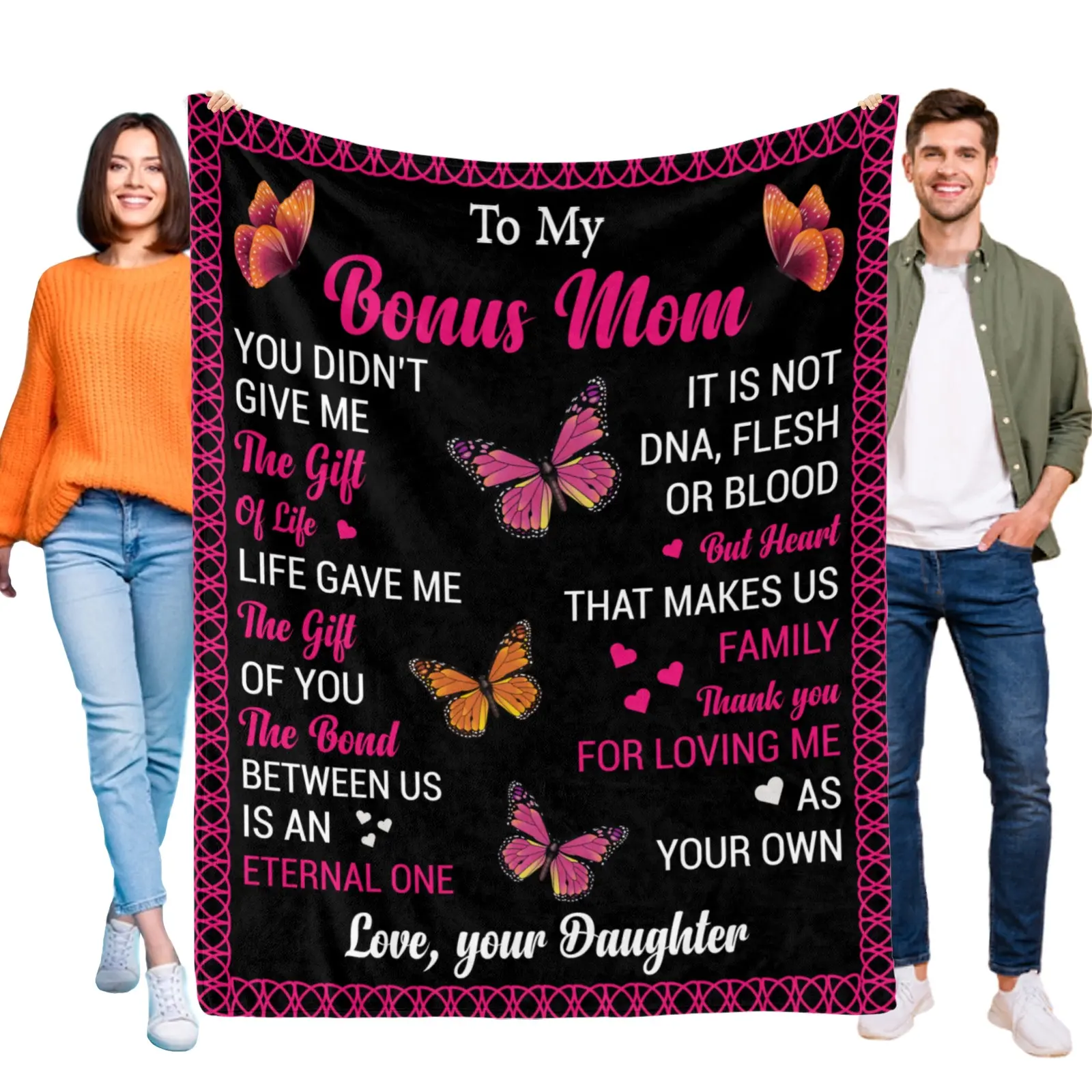 To My Bonus Mom Blanket from Daughter, Gift for Stepmom, Soft Flannel Throw Blanket with Butterfly Design & Grateful Quotes, Perfect for Home Decor