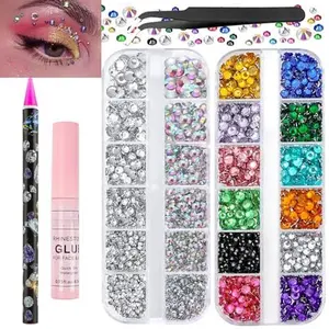 Colorful Face Gems & Jewels - AB & Clear Eye, Hair, Nail Decorations with Quick Dry Glue, Picker Wax Pen, and Tweezers
