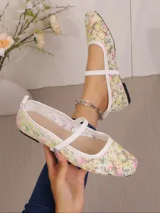 Women's Floral Mary Jane Shoes, Low Heel Ballet Flats, Fresh Farmhouse Style, Versatile Casual Wear, Comfortable and Stylish