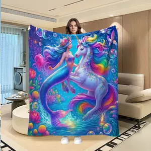Mermaid Unicorn Rainbow Velvet Floral Blanket, Luxurious Soft Warm Multifunctional Throw for Sofa Bed Car Office Camping, All-Season Gift