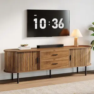 Tribesigns Mid-Century Modern TV Stand for 75" TV, Walnut Entertainment Center with Sliding Tambour Doors and Adjustable Shelves, Wooden Media Cabinet