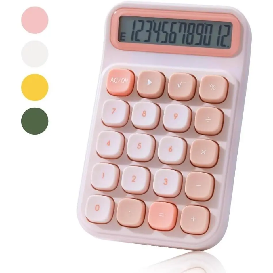 L-KBB009   Mechanical Switch Calculator, 12 Digits, Large LCD Display and Big Buttons, Cute Pink Desktop Calculator for Office, Home, School (Battery Included)