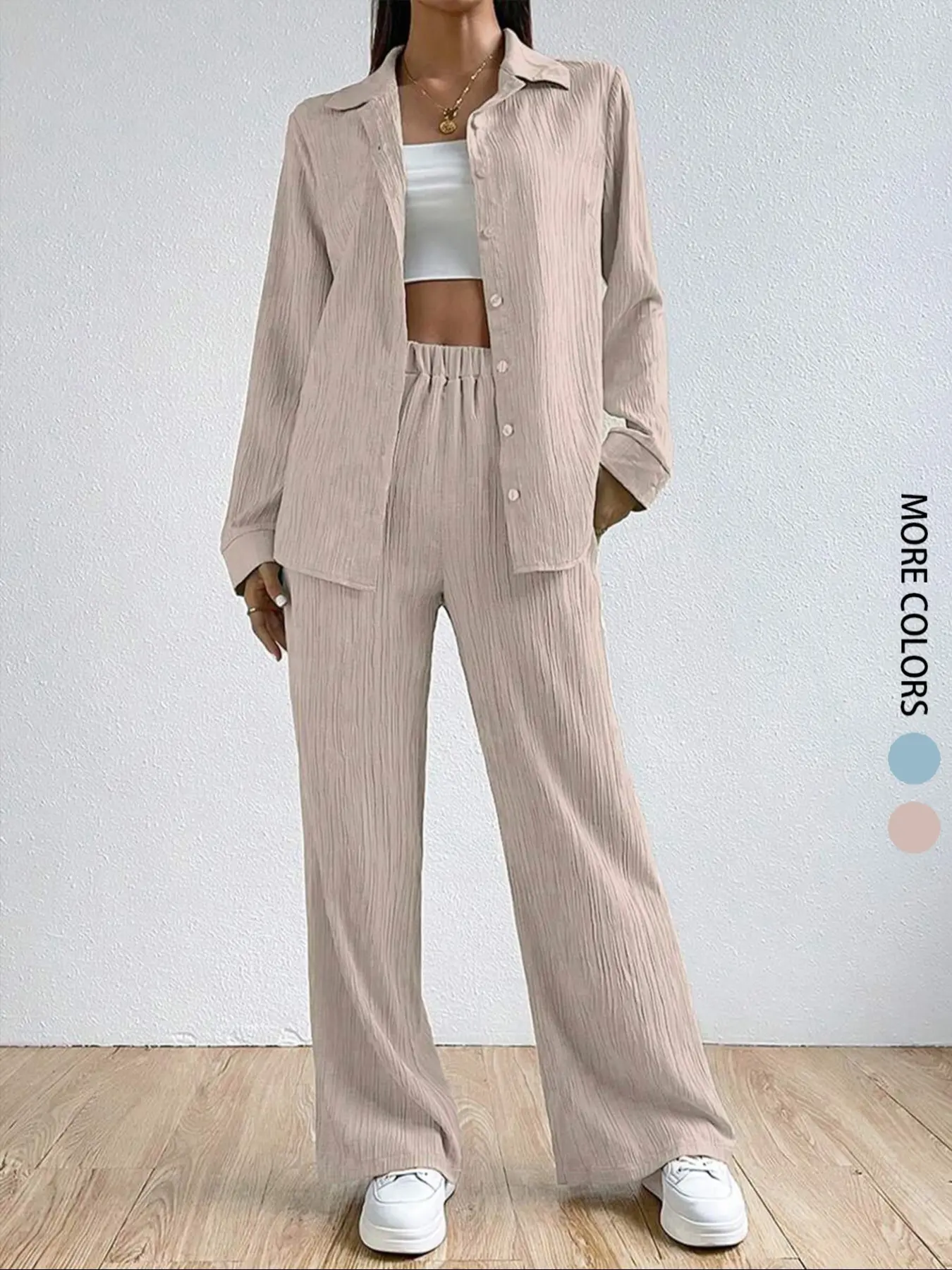 Elegant Women's Plus Size Fall Winter Shirt Set, Pure Color Textured Lapel Single Button Blouse & Straight Leg Pants, Casual Chic