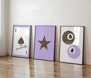 Set Of 3 Leopard Print Retro Dorm Print Purple Luxury Fashion Art Trendy Ace Of Spades Star Prints Leopard 8 Ball Decor Purple Gallery Set