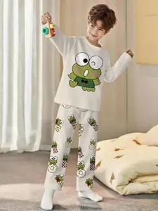 Fun 2-piece set of white-bottomed big-eyed frog digital printed long-sleeved pajamas and long sleep pants for boys, made of flame-retardant fabric, comfortable and soft, suitable for sleeping and home leisure, Sleepwear Pajamas