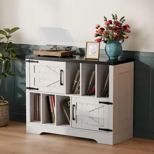 Garvee 39 Inch Large Vinyl Record Player Stand with Storage Cabinet – Holds Up to 450 Albums – Mid-Century Turntable Table with Barn Doors, Farmhouse Style in White for Living Room or Bedroom