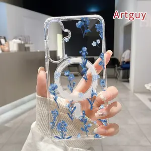 Magnetic Phone Case Supports Wireless Charging Case for Samsung Galaxy S26 Edge S23 Ultra S24 Plus FE S25 S22+ Blue floral symphony Pattern Non-Yellowing Shockproof Clear Slim Protective Softcase Transparent Acrylic Large Hole Cover