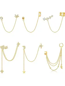 Exquisite 6 Pcs Rose Golden Elegant Moon Star Cuff Chain Earrings Dazzling CZ Butterfly Tassel Wrap Clip on Earring for Women Men Vintage Leaf Crawler Climber Long Dangle Chain Earrings