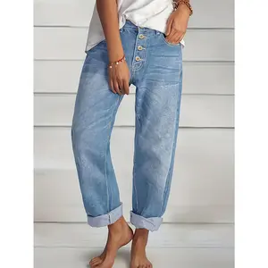 [Versatile Blue Jeans] Blue Loose Fit Straight Jeans - Comfortable Versatile Denim Pants - Slash Pockets, Classic Button Closure, Everyday Wear