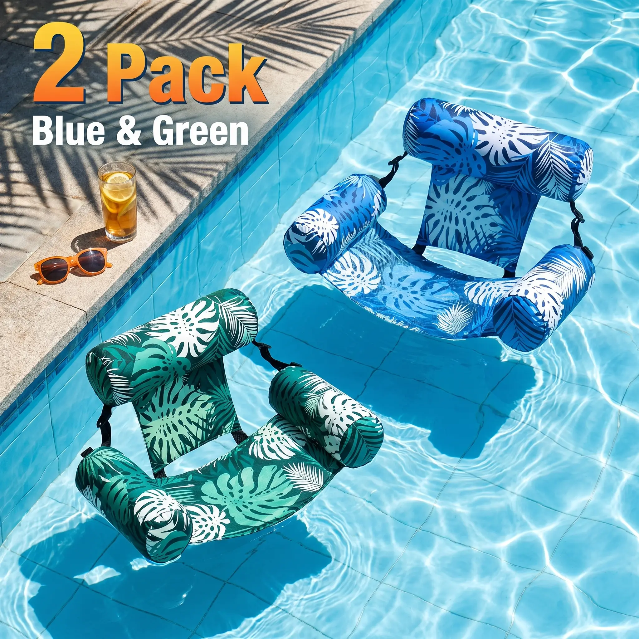 2-Pack Inflatable Adult Hammock Loungers with Backrest, Portable Pool Floats for Summer Relaxation at Lakes, Easy-to-Store Outdoor Water Chairs
