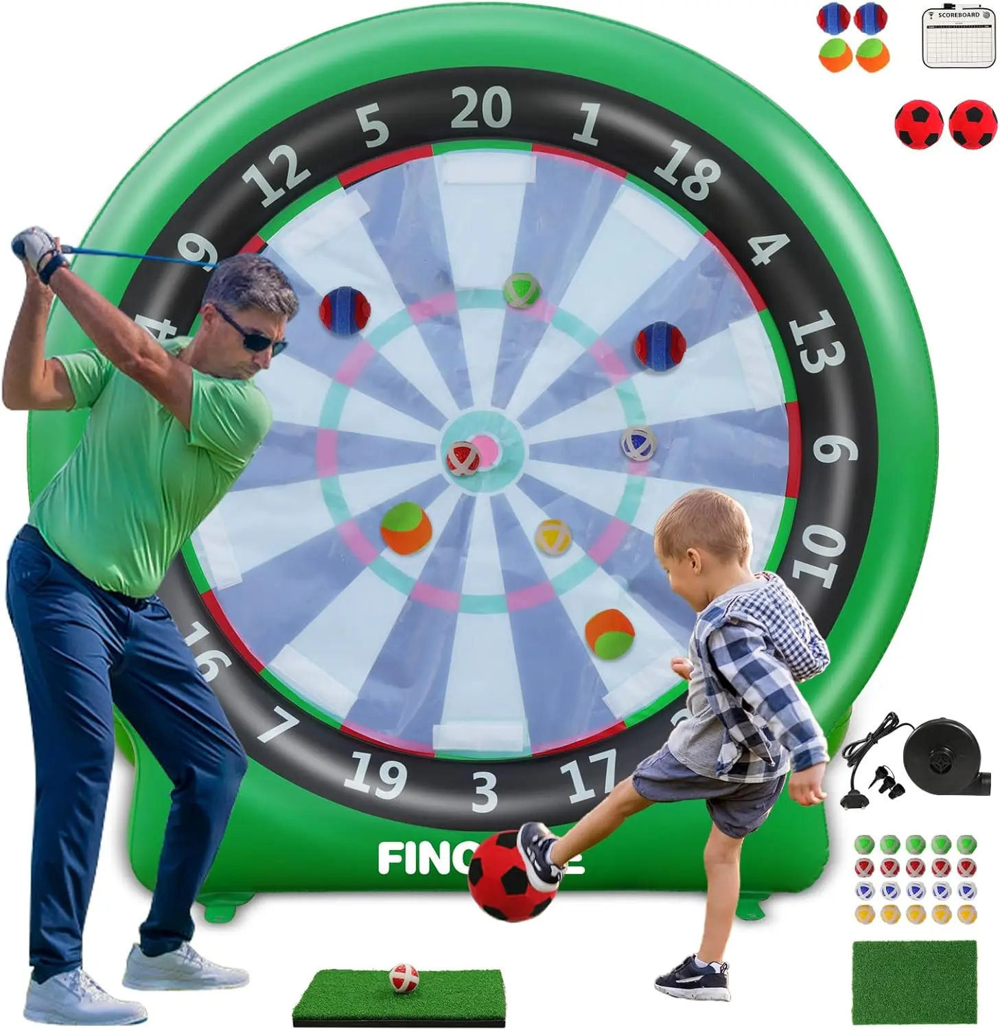Giant Inflatable Dartboard with Pump - Kick Ball Darts Gear, Backyard Golf Scoreboard Game, Indoor-Outdoor Sports Toy for Kids & Adults, Includes 20+ Games
