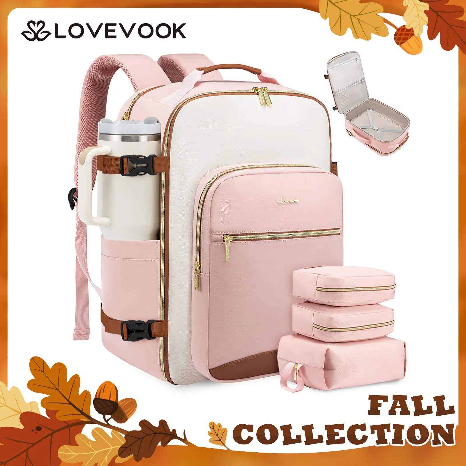 LOVEVOOK Fall Travel Backpack for Women & Men as Personal Item Flight Approved, Large Capacity Carry on Backpack for Airplanes with 3 Packing Cubes an