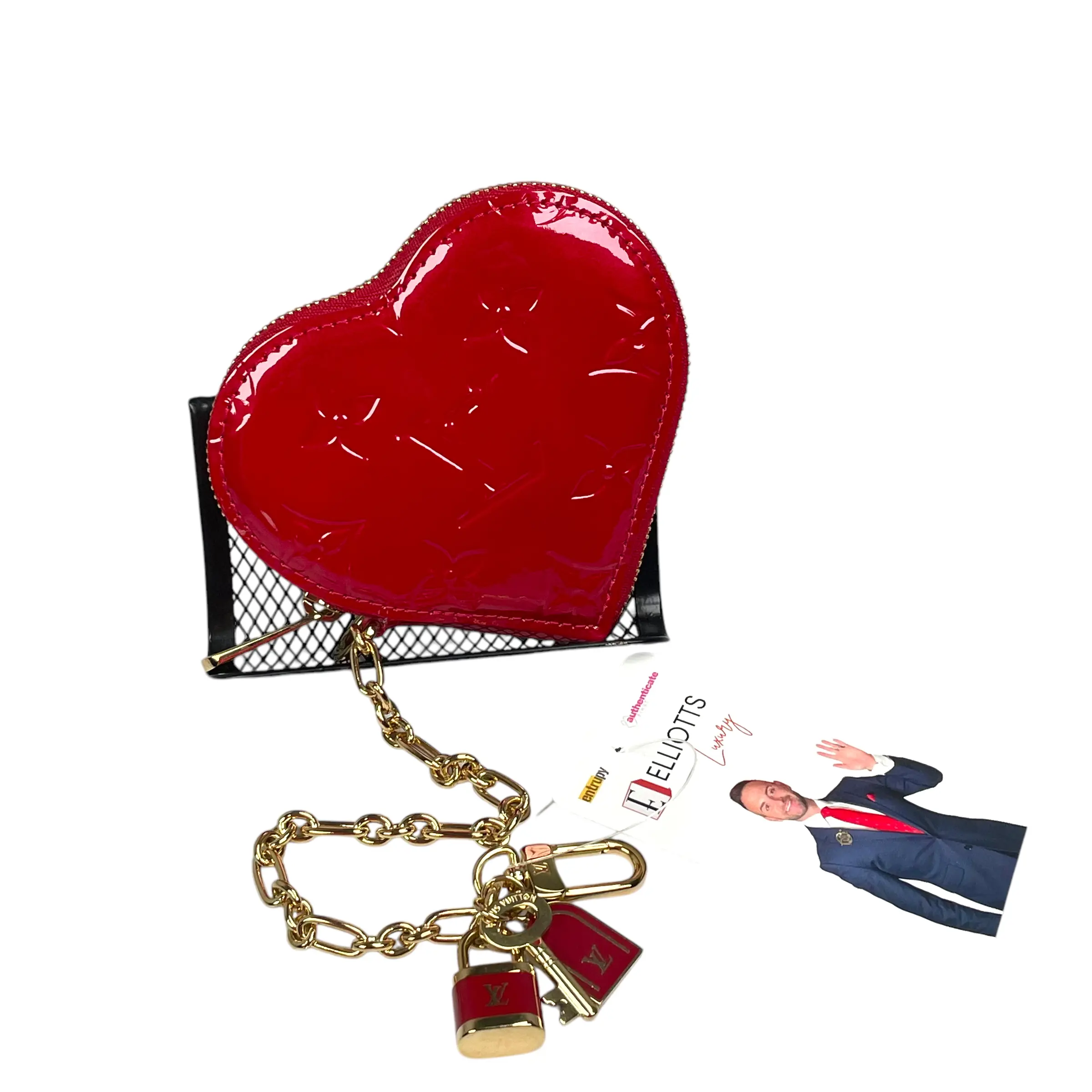 Pre-owned Louis Vuitton Patent Leather Small Leather Goods Red Vernis Coeur Heart Charm Coin Mini Key Chain Pomme D'Amour