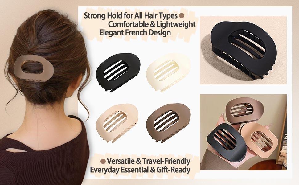 4 Pack Flat Hair Claw Clips for Women Nonslip French Hair Clips for Thick, Thin, Long, or Short Hair Tortoise Shell Comfortable & Strong Hold for Daily Wear, Weddings