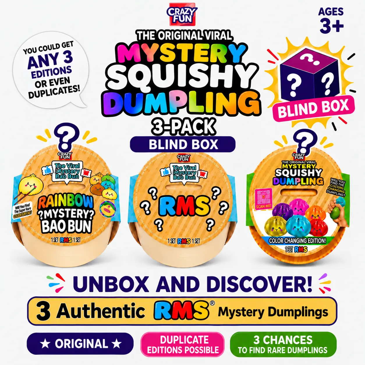 Authentic RMS Mystery Dumpling Blind Box 3-Pack – 3 Sealed Mystery Squishies, Random CRAZY FUN RMS Editions, Duplicates Possible, Specific Editions & Rare Dumplings Not Guaranteed, Ages 3+
