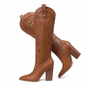 AOSPHIRAYLIAN  Chunky Heels Boots  Bohemian Style Pointed Toe  women's Boots Outdoor Fun Vacation Boots Embroidered Pointed Toe Knee High Western Chunky Heels Boots Brown Red Black SpringStatements
