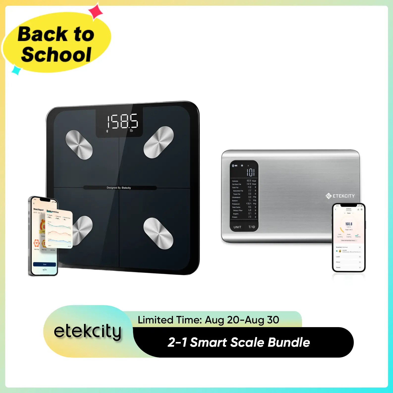 Etekcity Rectangular Intelligent Bathroom Body Fat Scale Bundle - Digital Accurate Weighing Scale, Bluetooth Composition Tool, Food Nutrition Tracker, Vesync App Integration for Sports Self Care Products Healthcare HomeEssentials, Fitness