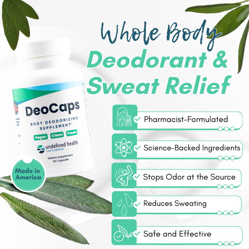 DeoCaps Oral Deodorant - Whole Body Deodorizing Supplement + Sweat Relief - 60 capsules - Pharmacist-Formulated with Chlorophyllin, Sage, Magnesium, and Zinc - Freshen Breath & Reduce Odor In Underarms, Intimate Areas & Feet