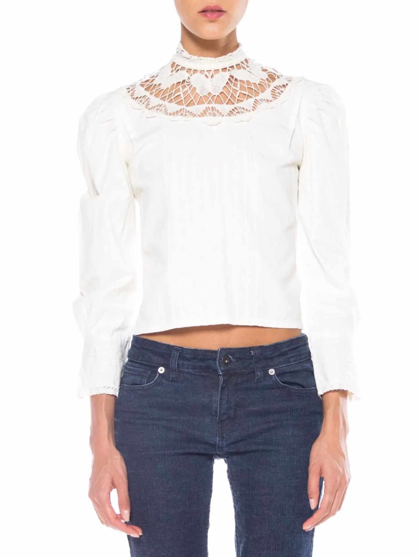 1970S Cream Cotton Victorian Style Blouse With Hand Made Butterfly Lace Collar