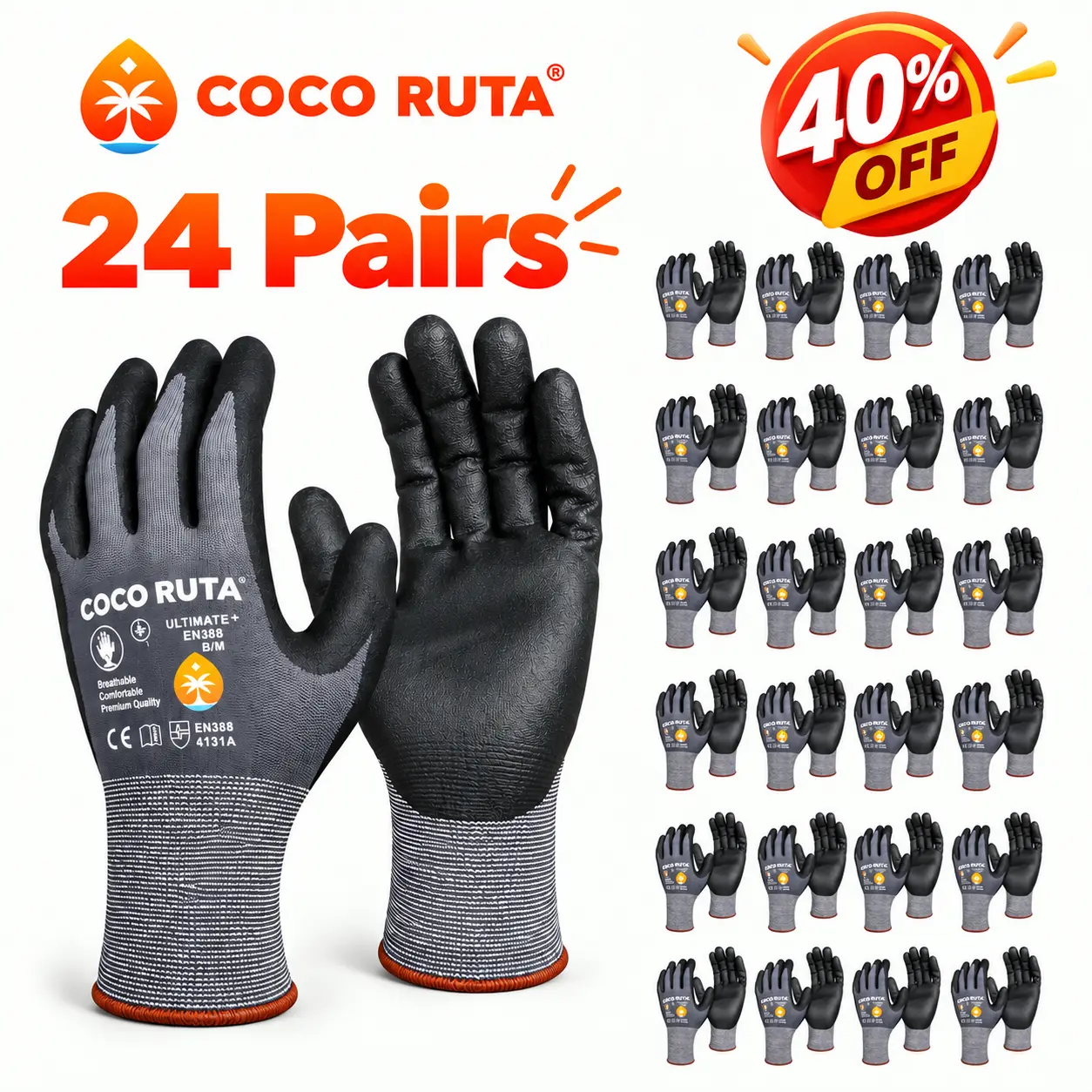 24/12 Pairs COCO RUTA 34-874 Safety Gloves, Men's Nitrile Micro Foam Grip Palm Work Gloves, Comfortable Fit Construction Gear for Dry/Wet/Oil Conditions, Sizes M-XL