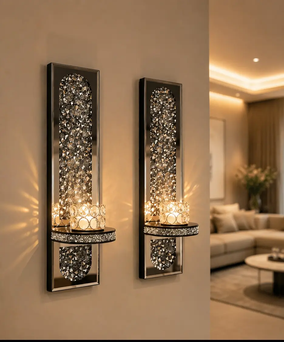 2-Piece Crystal Mirror Bow Wall Candelabra Set, Home Decor Home Accessories Room Decoration Items for Casual & Engagement, No Electricity or Lights Included