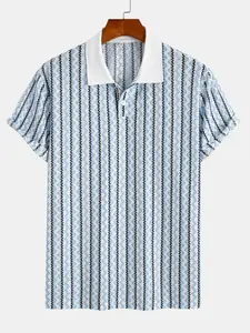 Men's Stretch Knit Jacquard Striped Polo Shirt, Short Sleeve Color Block Ribbed Collar, Casual Summer Textured Tee, Stylish & Comfortable