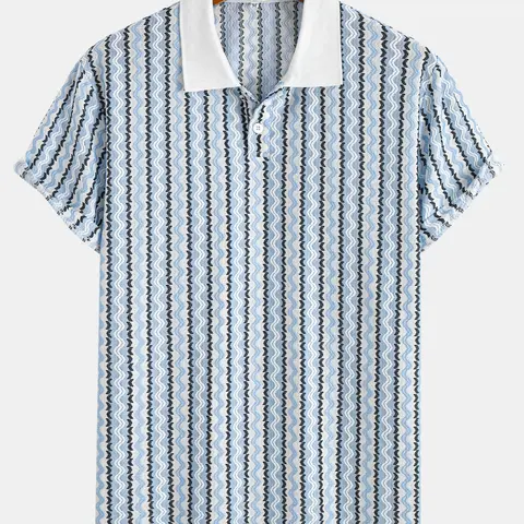 Men's Jacquard Striped Knit Polo Shirt, Premium Stretchy Fabric, Slim-Fitting Short Sleeve Ribbed Collar, Casual Summer Textured Top, Stylish & Comfortable Clothes, Knitted Polo Shirts