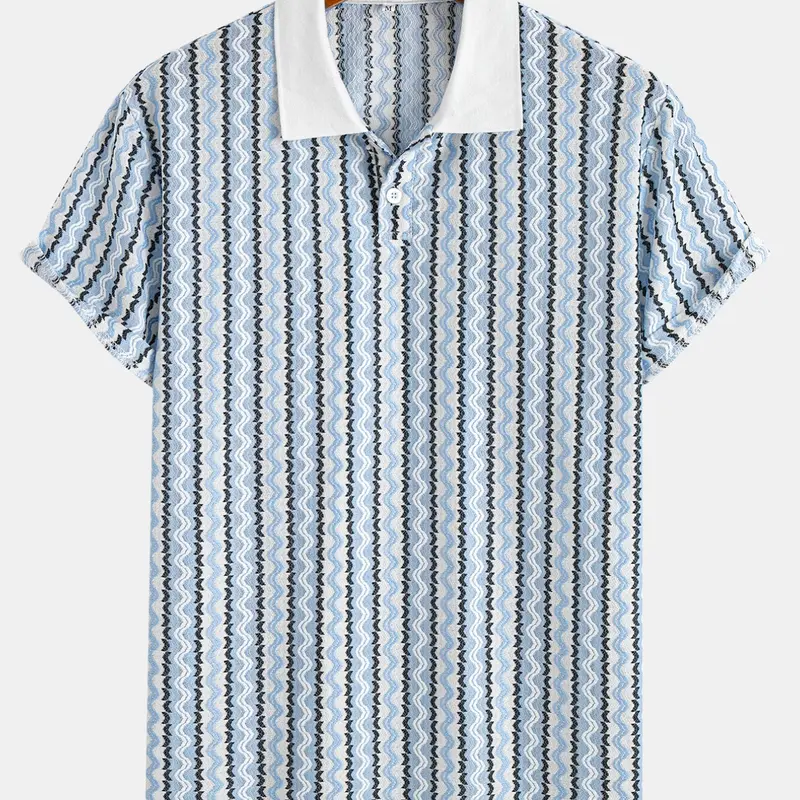 Men's Jacquard Striped Knit Polo Shirt, Premium Stretchy Fabric, Slim-Fitting Short Sleeve Ribbed Collar, Casual Summer Textured Top, Stylish & Comfortable Clothes, Knitted Polo Shirts