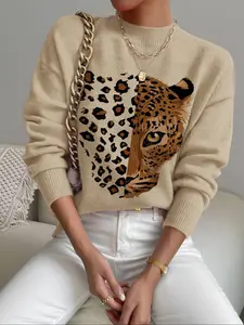 Women's Leopard Print Stand Collar Sweater, Fall Winter Casual Long Sleeve Knitwear, Comfortable Warm Daily Wear, Elegant Zebra Stripe Design