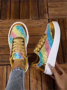 Women's Rainbow Glitter Platform Sneakers, Shiny Gold Metallic Casual Shoes, Fashion Colorful Leopard Print Lace Up Walking Shoes for Party, Streetwear, Daily Wear, Sports Shoes
