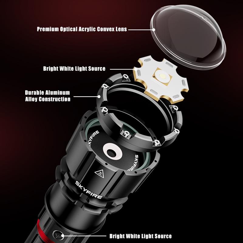 SKYFIRE 3624 lumens, 16000mAh large capacity rechargeable high-brightness 1209 ultra flashlight with shoulder straps, waterproof LED tactical flashlight, suitable for camping, outdoor activities and emergency situations.