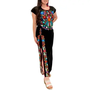 Mona Dress ~ Long Mexican Dress with Slit Women's Floral Embroidered Dress in Blue Black White Dress, Small-2XL,  Embroidery,  Womenswear Traditional, Summer