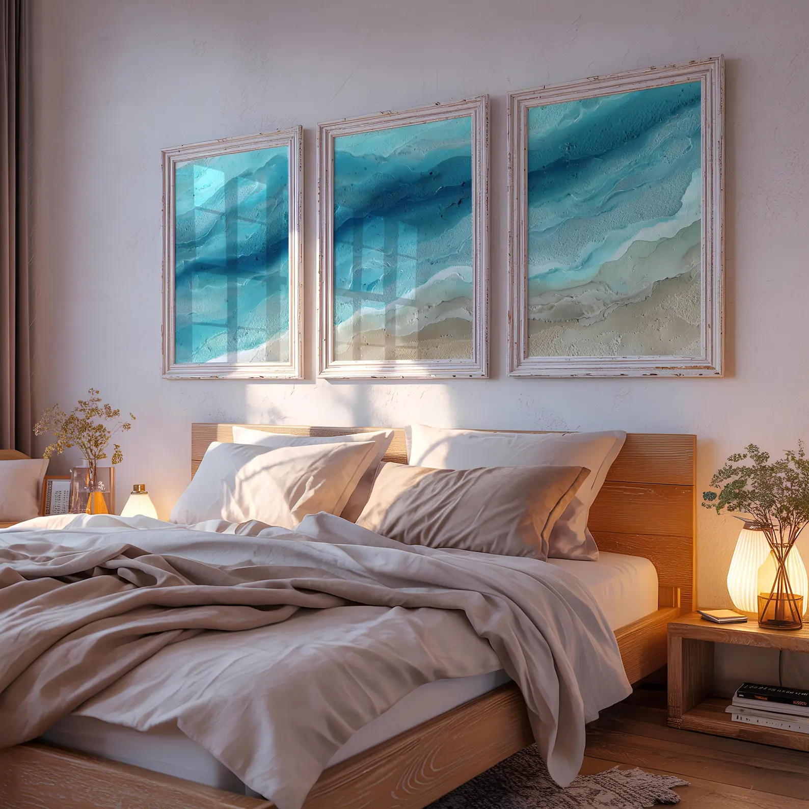 Coastal Ocean Wall Art Set of 3, Blue Teal Beach Triptych Abstract Shoreline Seascape Prints Modern Coastal Wall Art for Living Room Bedroom