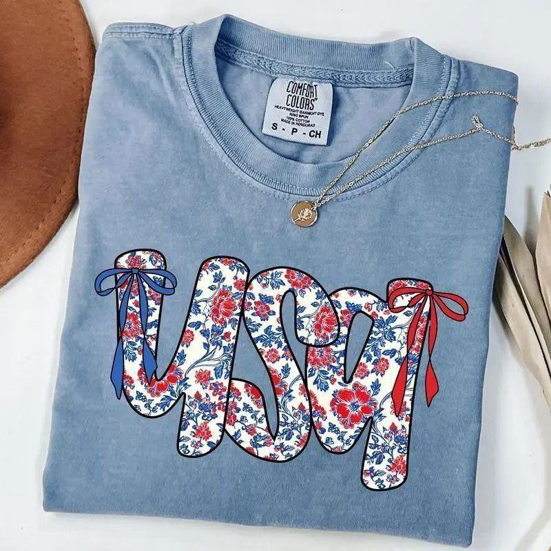 Comfort Colors Floral Coquette Usa Shirt Retro America T-shirt Patriotic 4th Of July Gift Unisex Casual Graphic Tee, Apparel Made In The Usa