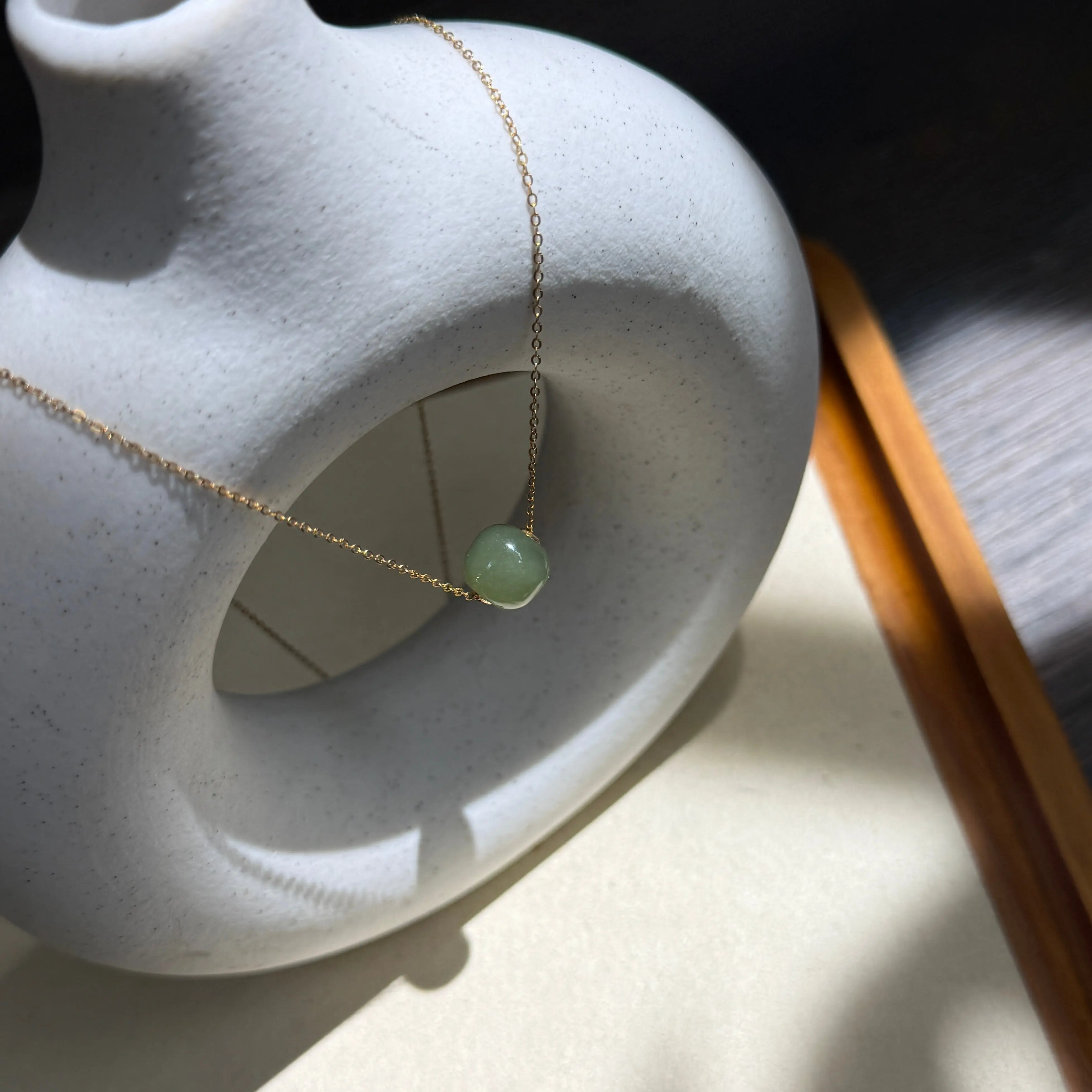 18K Gold Natural Jade Pendant, Single Nephrite Jade Bead