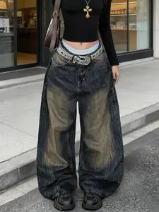 Women's Trendy Fashion Aesthetic Streetwear Loose Fit Jeans Style, All-Season Casual Commuter Pants, Washed Denim, Plain Pattern, Perfect for Daily Wear