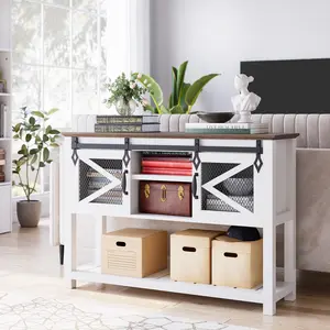 Farmhouse Console Table with Sliding Barn Doors, Rustic Console Table with Storage, Open Shelf & Metal Mesh Accents, Industrial Sofa Table for Hallway, Living Room, White