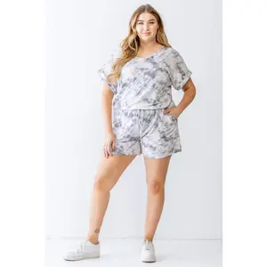 Plus Ivory & Grey Tie-dye Print Two Pocket Romper