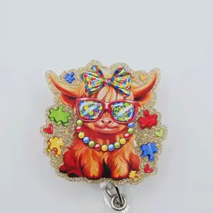 Cute Highland Brown Cow for Autism Awareness Glitter Acrylic Retractable Badge ID Reel Belt or Alligator Clip reels