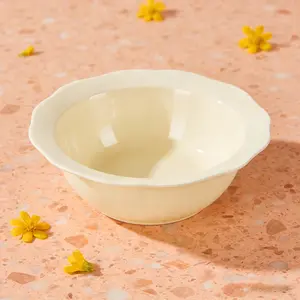 10 Inch Cream Ceramic Bowl with Scalloped Edge - 1 Piece Large Serving Bowl for Soup, Salad, Pasta - Microwave & Dishwasher Safe Decorative Tableware