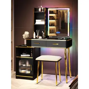 Maximum discount  Kasibie RGB LED Set Mirror and Lights Vanity Table USB Wireless Charging Station Makeup Desk with Visible Drawers Hidden Open Storage Shees